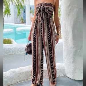 SHEIN Multicolor floral & striped tie front Shirred tube top wide leg ju…